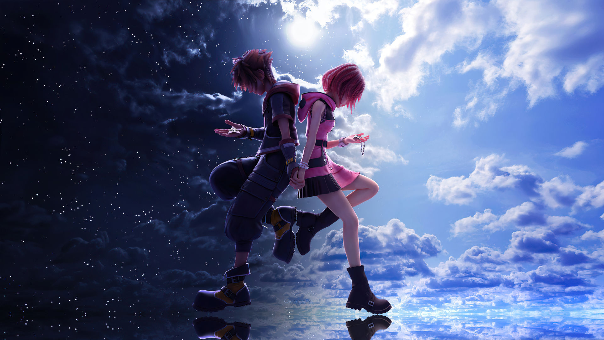 a picture of Sora and Kairi standing back to back. These are characters from the video game.